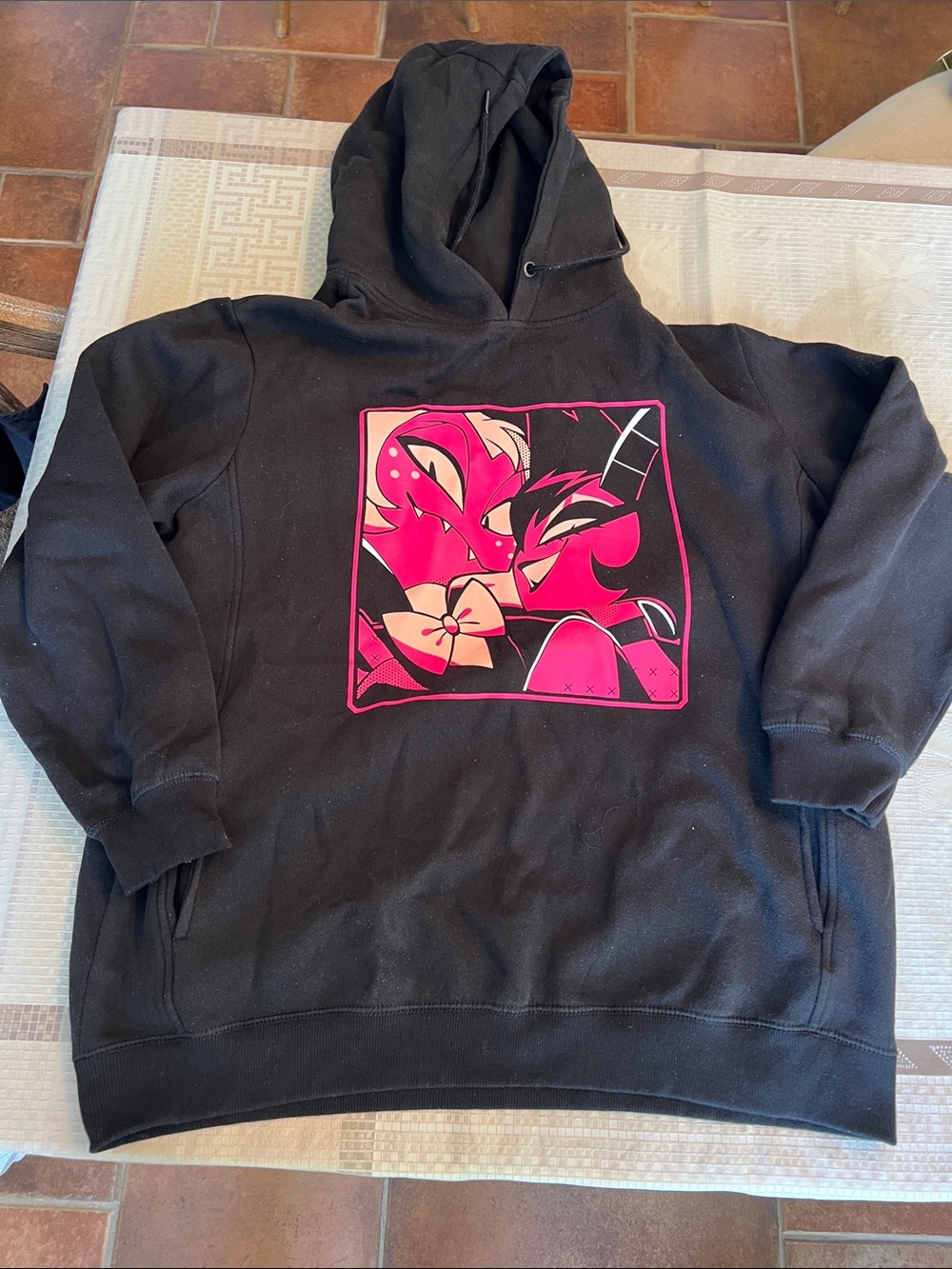 Black Hoodie Sweater with Pink Graphic